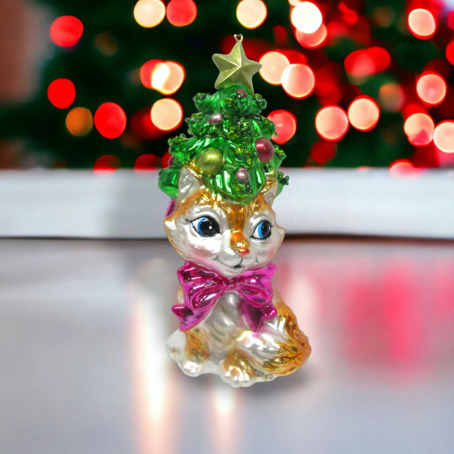 Kitten w/Tree Hat Ornament